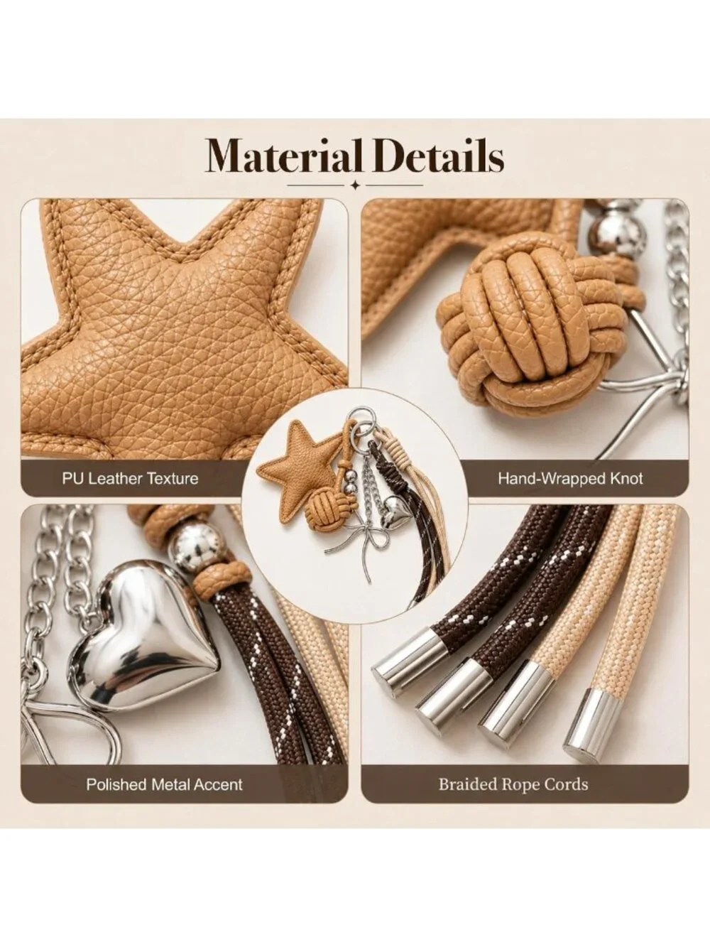 Chic 2-in-1 PU Leather Star Bag Charm Keychain with Braided Rope & Bow Accents